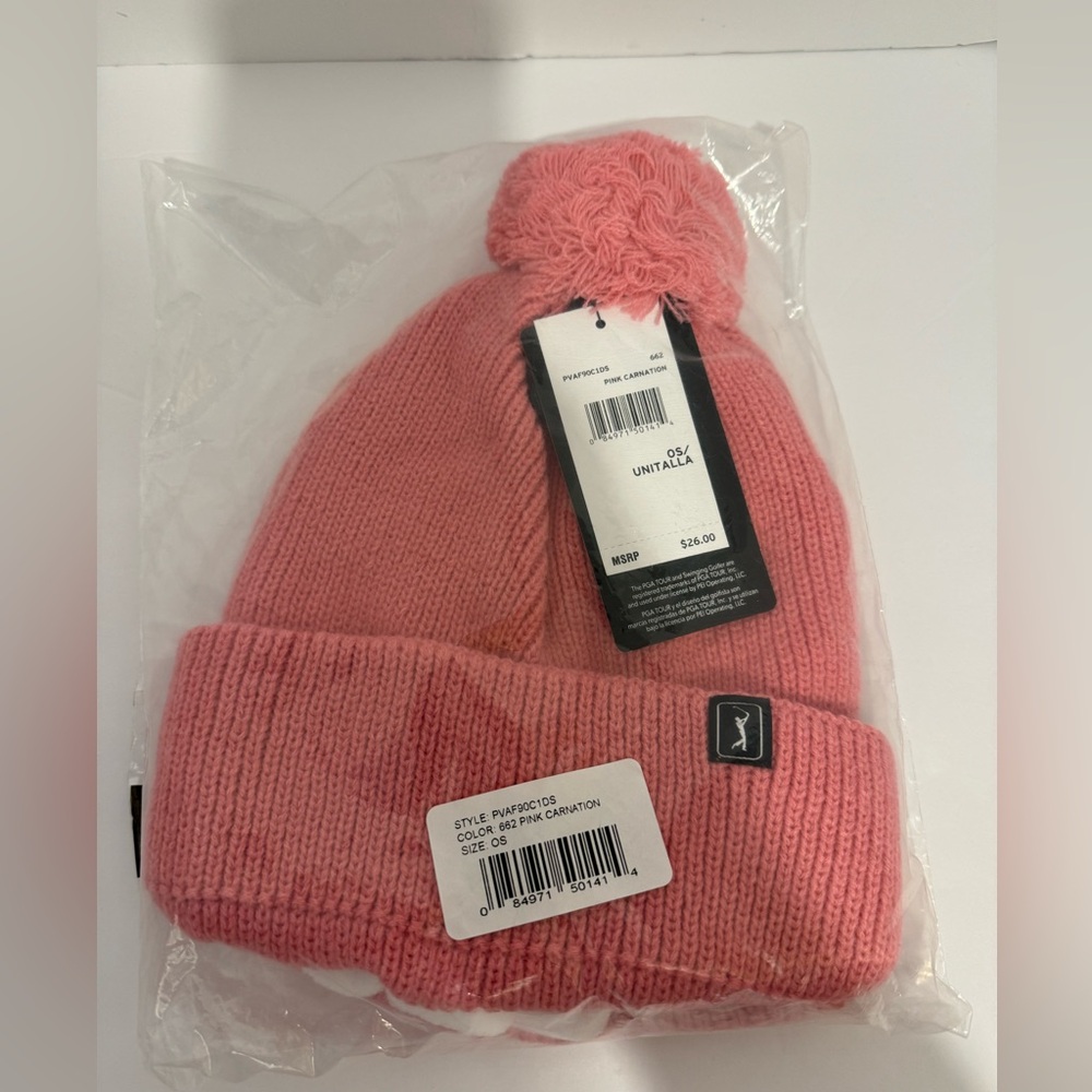 PGA Tour Pink Carnation Pom Pom Beanie Knit Fleece Lined Hat One Size New
